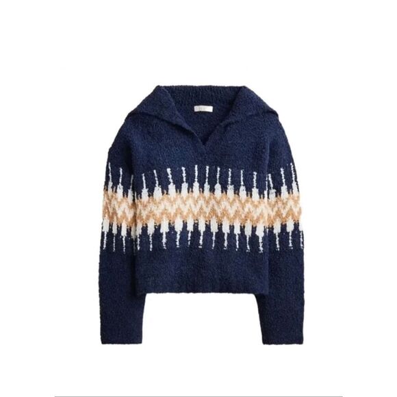 J.Crew Sweaters - J Crew Sweater Fair Isle Johnny-Collar Boucle Yarn Wool Blend Navy Blue size Med